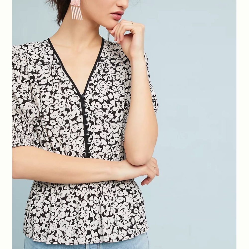 Anthropologie Tracy Reese Top Retro Floral Blouse S Black and White Peplum